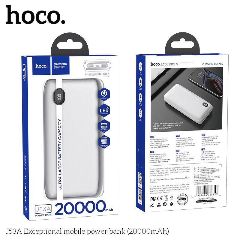 Pin dự phòng hoco J53A dung lượng 20000mah có 2 cổng usb màn hình led hiển thị pin