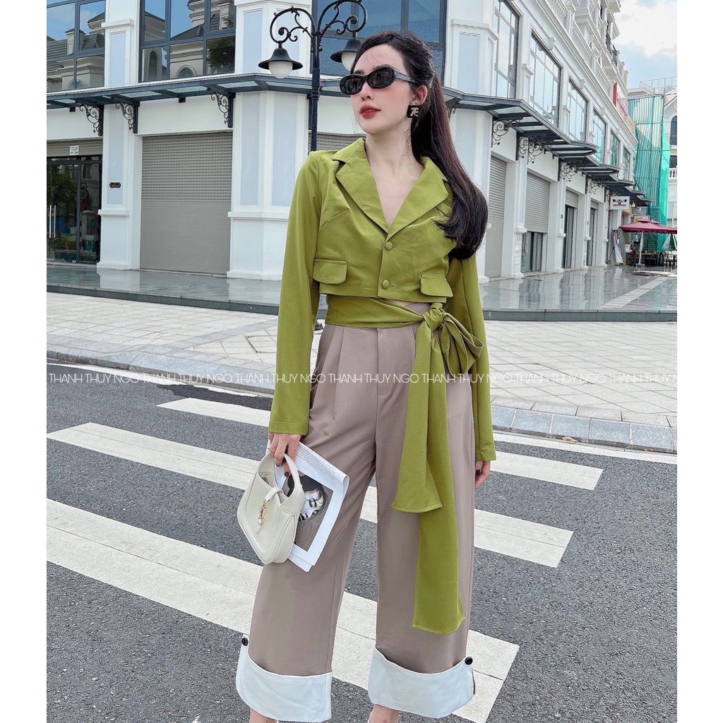 Áo Vest Croptop phối Quần Suông Gấp Gấu THUYNGOTHANH, có tách set, áo vest cột nơ siêu xinh