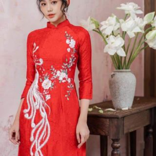 Áo dài đỏ gấm tơ 4tà