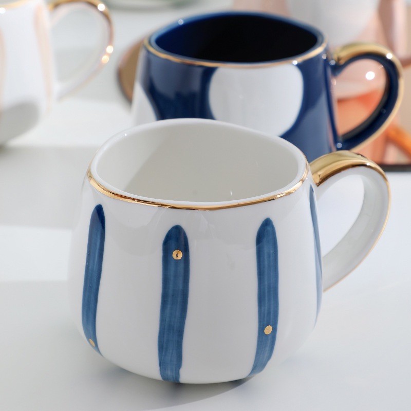 Ly cốc mug thấp bằng sứ, màu pastel, viền mạ vàng 350ML