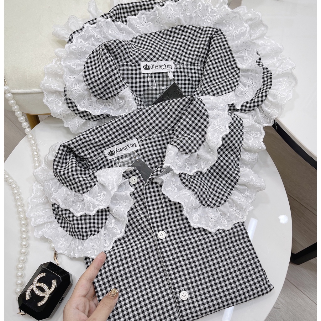 Áo sơ mi kẻ caro cổ bèo tầng tiểu thư áo sơ mi nữ kẻ xinh xắn LT001