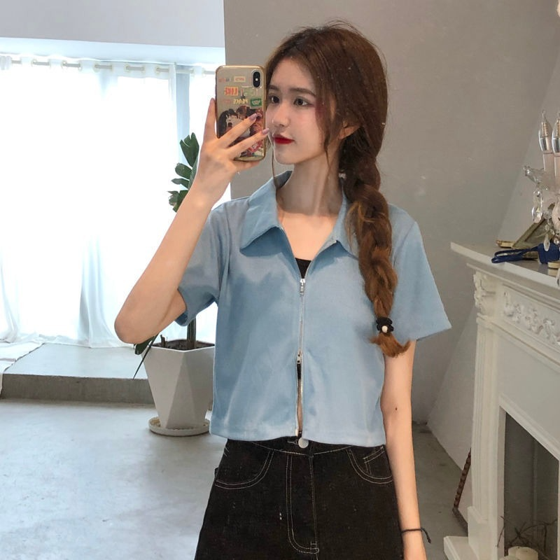 Áo Thun Lửng Ngắn Tay Có Khóa Kéo Thời Trang Hè 2021 Cho Nữ