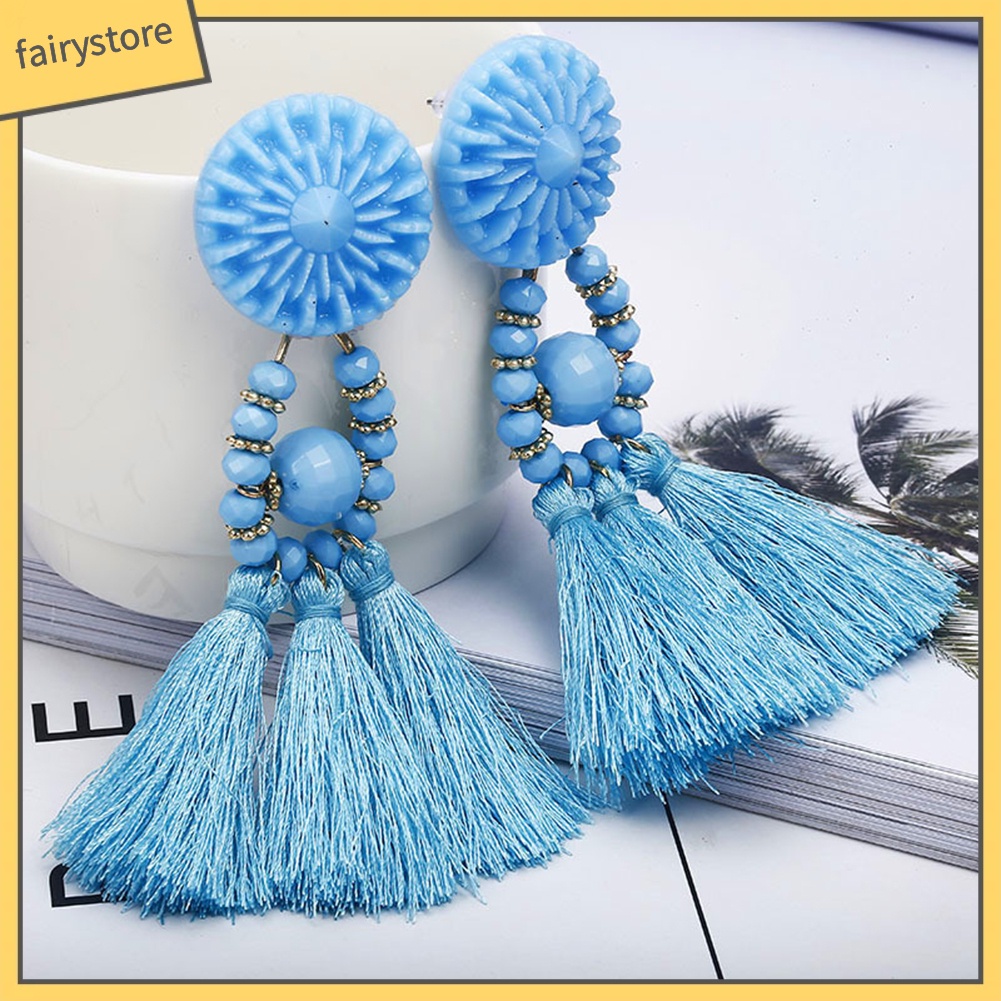 Khuyên Tai Chuỗi Đính Hạt Nhựa Phối Tua Rua Phong Cách Bohemian