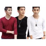 Bộ 3 áo thun nam cổ tim body tay dài Hàn Quốc ( đen trắng đỏ đô )