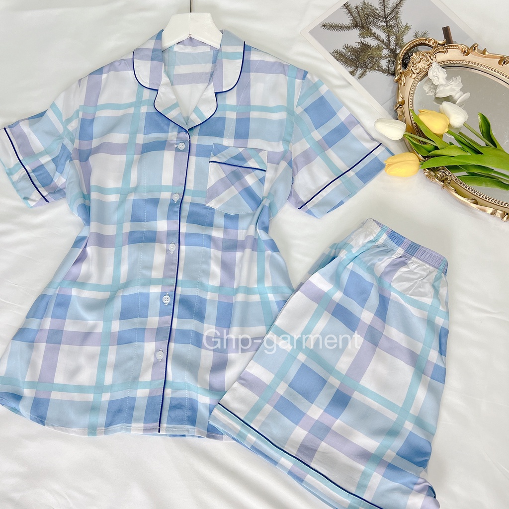 Đồ bộ mặc nhà nữ caro tay ngắn quần ngắn , Bộ pijama vải tole màu pastel GHP-Garment