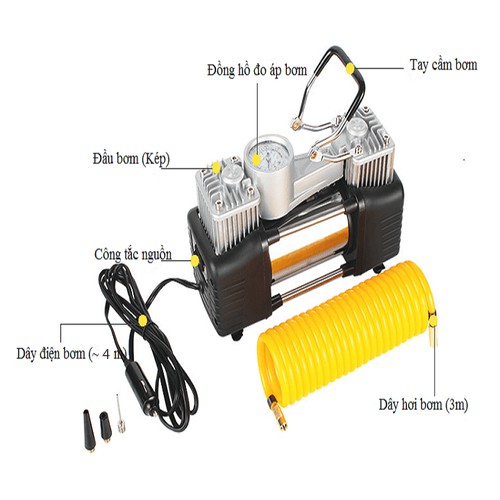 Máy bơm lốp ô tô 2 xi lanh, Bơm Hơi Điện Ôtô Xe Máy Mini 12V -220V  có đồng hồ hiển thị áp suất lốp xe.