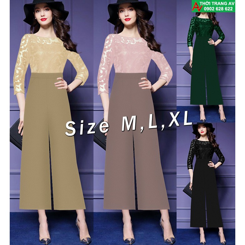 Jumpsuit - Đồ bay dài ống suông rộng tay dài phối ren 3D cực hot - AV6213