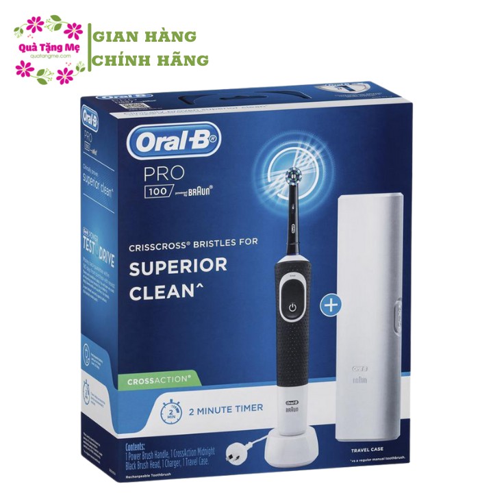 Bàn Chải Đánh Răng Điện Cao Cấp Oral B Pro 100 powered by Braun Crossaction Midnight Black Brush Head &amp; Travel Care