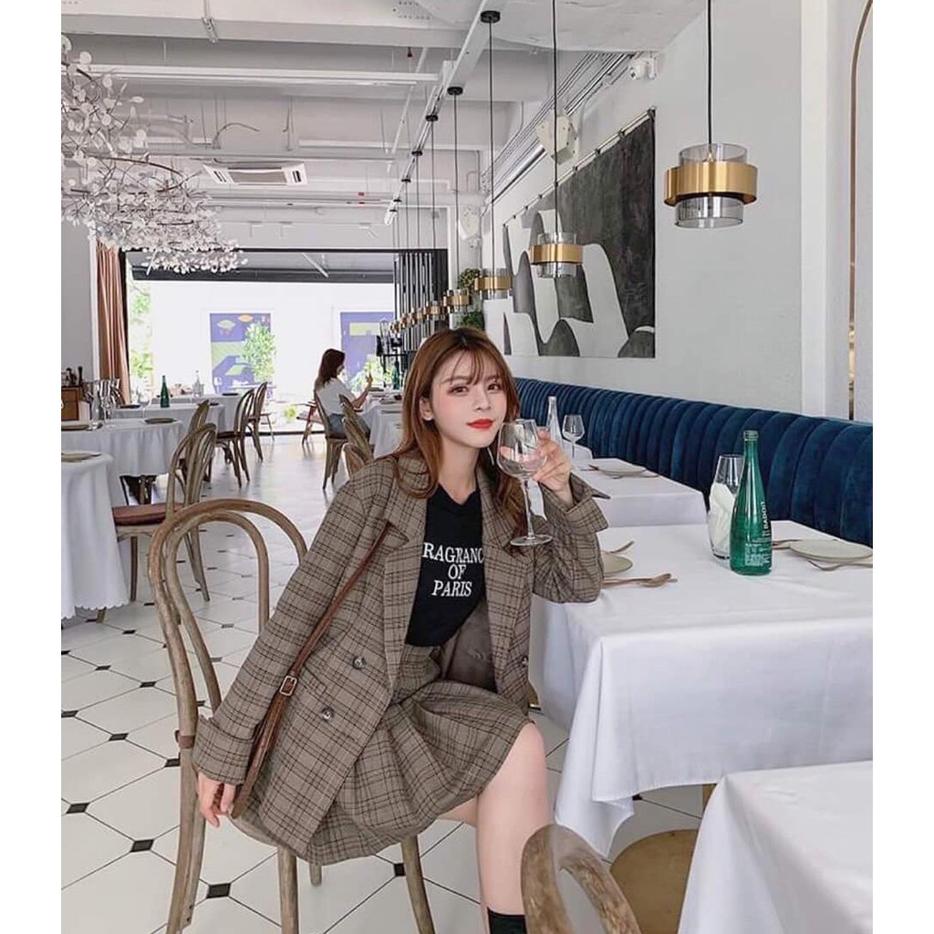 ÁO BLAZER 2 LỚP KẺ NÂU CHOCO , ÁO VEST SET ĐỒ NỮ (ảnh thật/sẵn) | BigBuy360 - bigbuy360.vn