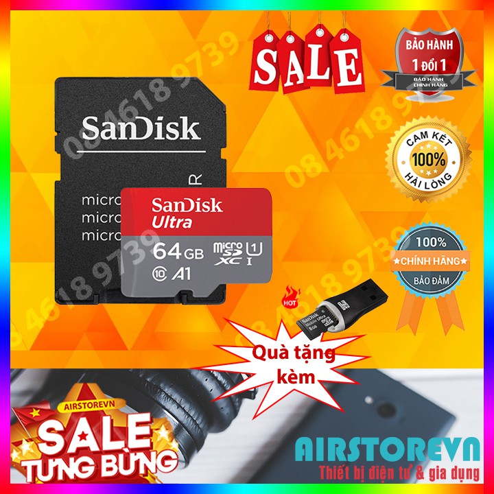 Thẻ nhớ MicroSDXC 64GB SanDisk Ultra A1 tốc độ 100MB/s - Tặng kèm đầu đọc thẻ nhớ 2.0 trị giá 20k - Bảo hành 5 năm