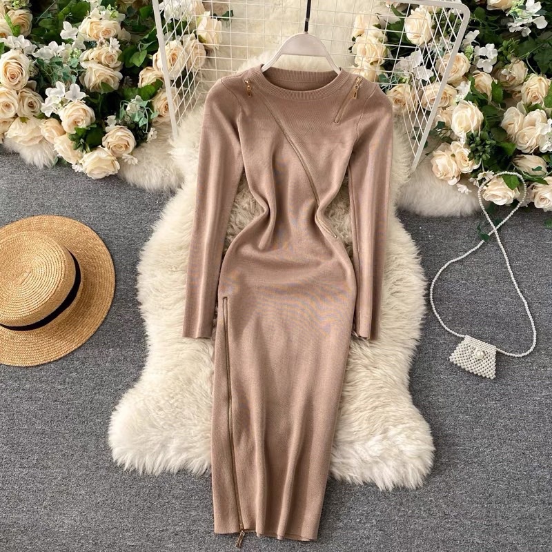 Đầm body thun gân phối dây kéo khoá