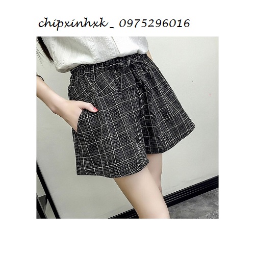 Quần short nữ CHIPXINHXK họa tiết kẻ caro, dáng quần giả váy phối dây nơ