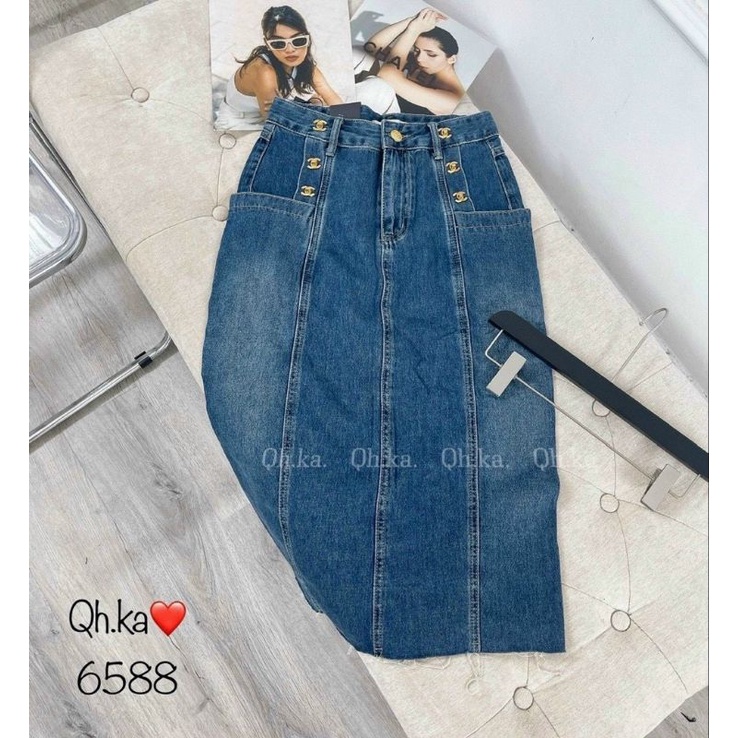 Chân váy jeans dài đính chữ x hàng QCL1