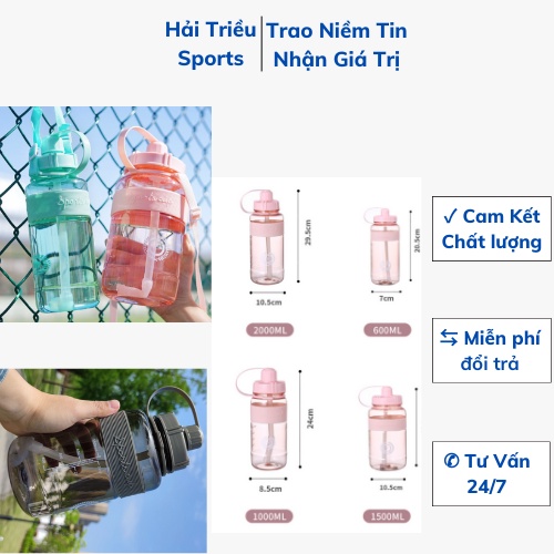 Bình nước 1L 1.5L/2L màu trơn đựng nước đi tập thể dục Hải Triều Sports