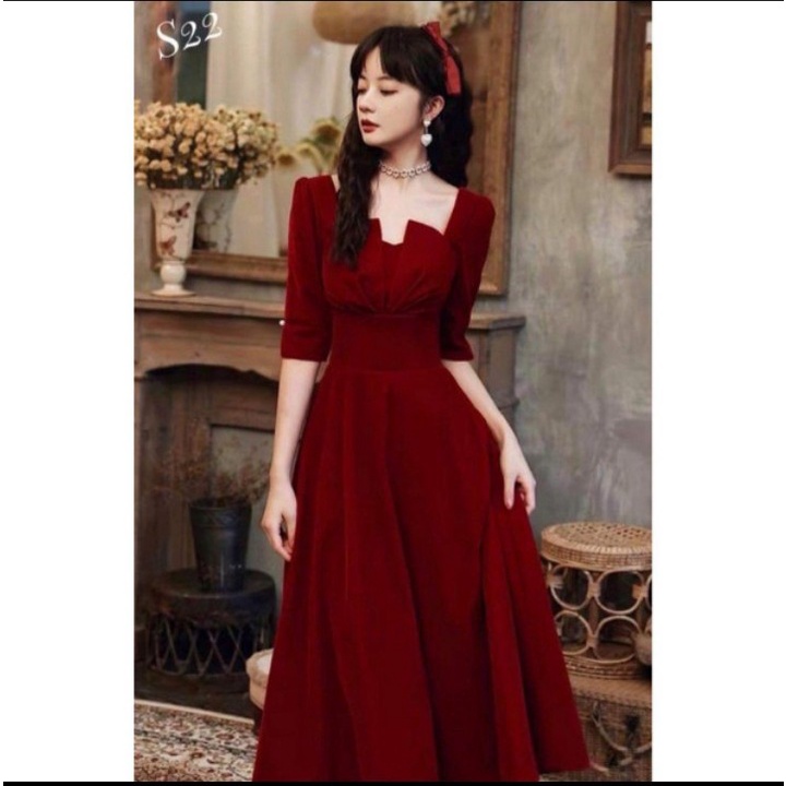 Váy đầm dự tiệc dáng dài tay lỡ màu đỏ đô - Linhnastore - Váy cổ vuông tay lỡ màu đỏ đô