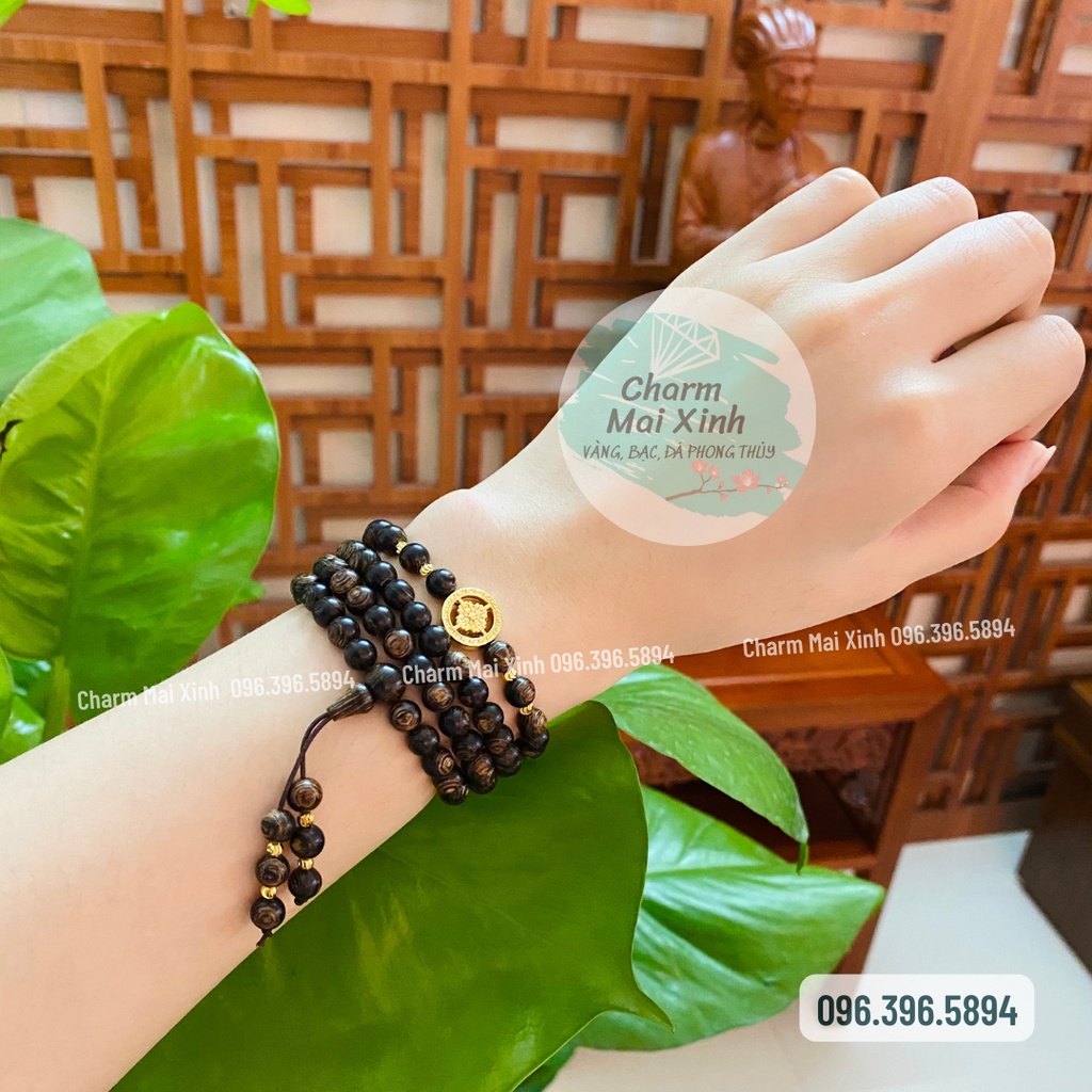 Chuỗi Trầm Hương Sánh Chìm 108 hạt phối Bánh Xe Pháp Luân Hồi - Vòng Tay Hoa Gỗ tự nhiên Nam Nữ phong thuỷ