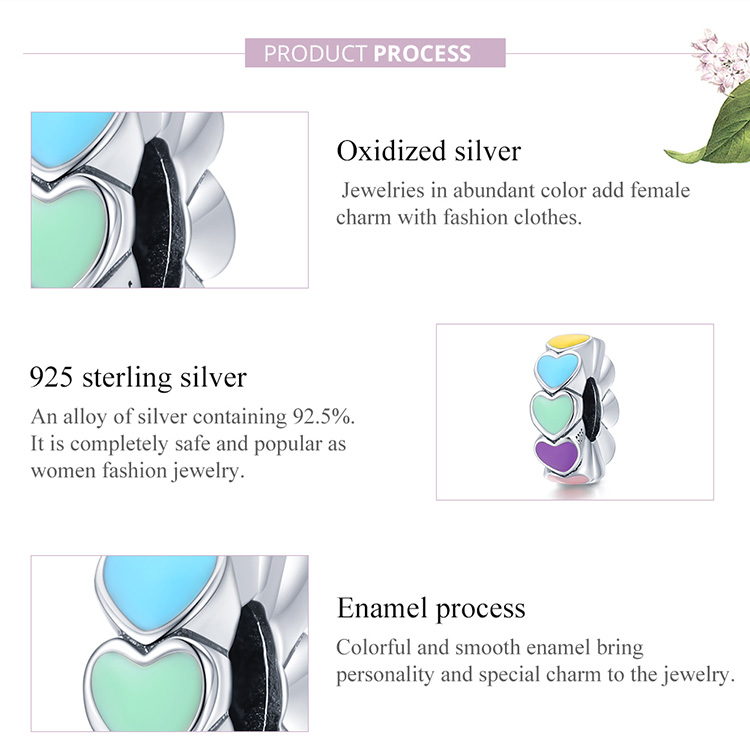 Hạt phụ kiện Bamoer SCC1838 bằng bạc 925 thật với họa tiết trái tim đầy màu sắc dành cho làm vòng tay vòng cổ