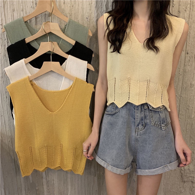 Áo Dệt Kim Không Tay Cổ Chữ V Viền Rỗng Dáng Ôm Phong Cách Hàn Quốc Thời Trang Mới Dành Cho Bạn Nữ