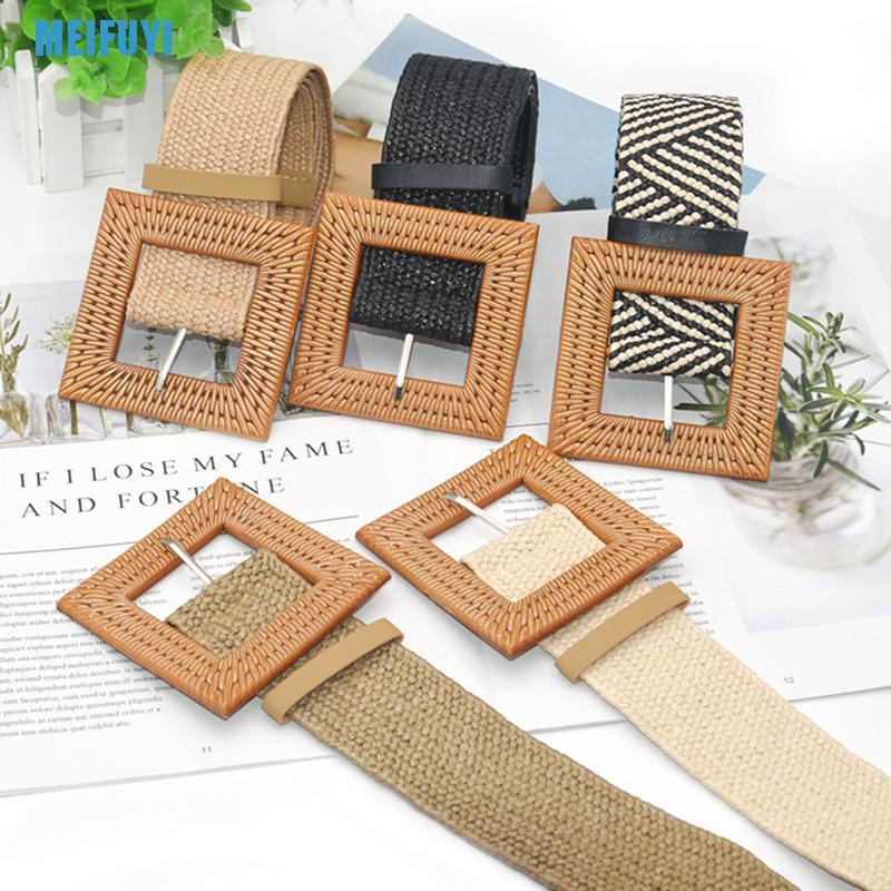 Thắt Lưng Đan Rơm Co Giãn Khóa Vuông Phong Cách Boho 439v