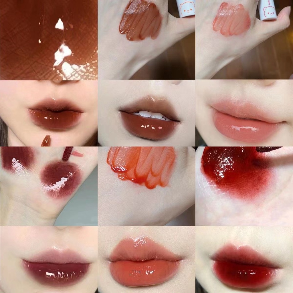 Set 3 Son Bóng Dưỡng Ẩm Lâu Trôi Chống Thấm Nước Thiết Kế Hình Chú Gấu Dễ Thương