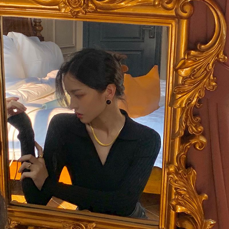 Áo polo dệt kim tay dài màu sắc đơn giản phong cách Hàn Quốc