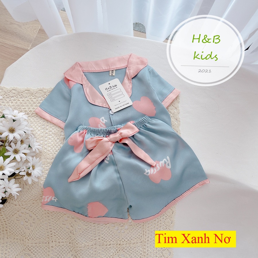 [16KG-35KG]  Bộ Mặc Nhà Pijama Lụa Phối Nơ Cao Cấp Tay Cộc Cho Bé Gái - Chất Liệu Lụa mềm Mịn Thoáng Mát