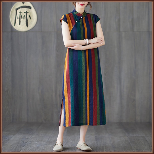 Đầm Sườn Xám Không Tay Cổ Đứng Chất Liệu Cotton Lanh Thoáng Khí Thoải Mái Họa Tiết Kẻ Sọc Cổ Điển Cho Nữ