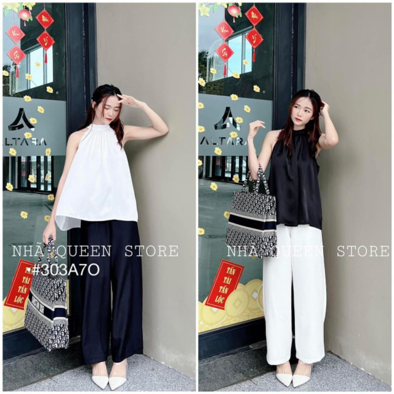 Set Bộ Dài Nữ Áo Kiểu Cổ Yếm Quần Tây Baggy Dáng Suông Cạp Chun Dễ Mặc Thời Trang Công Sở Đi Biển