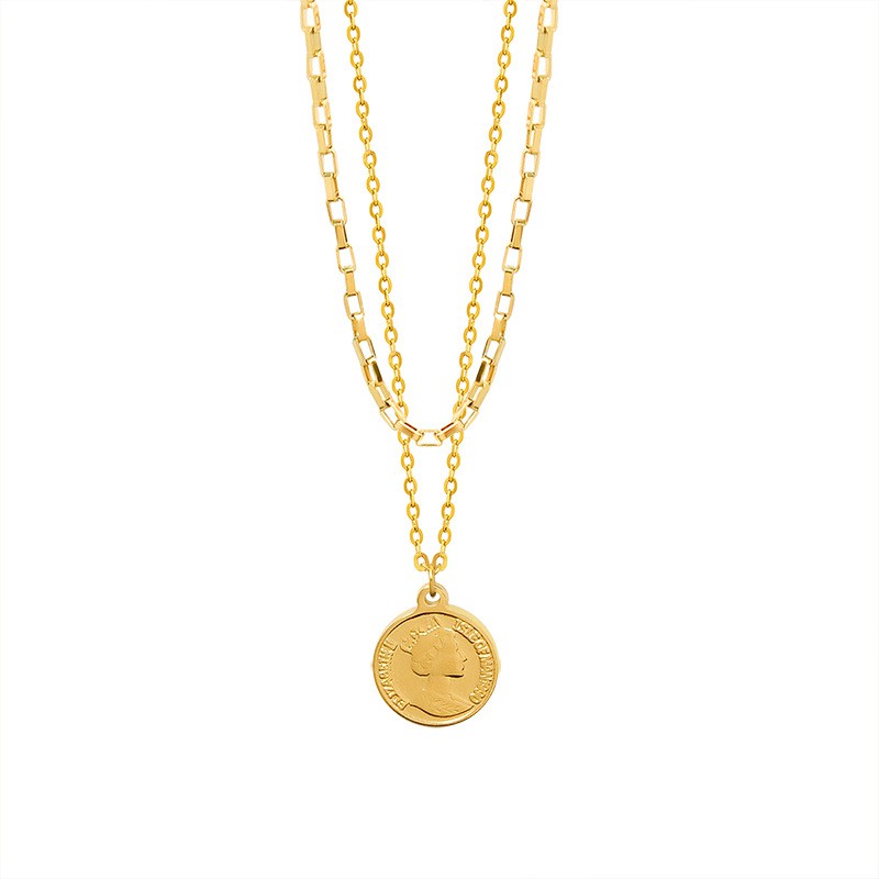Dây Chuyền Hai Lớp Bằng Thép Titan Mạ Vàng 18K P654 Mặt Đồng Xu Độc Đáo Sang Trọng