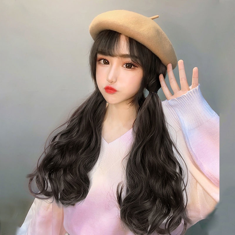 Hàng Có Sẵn Mũ Beret Che Nắng Phối Tóc Giả Xoăn Dài Thời Trang Mùa Thu Phong Cách Hàn Quốc Dễ Phối Đồ Dành Cho Bạn Nữ