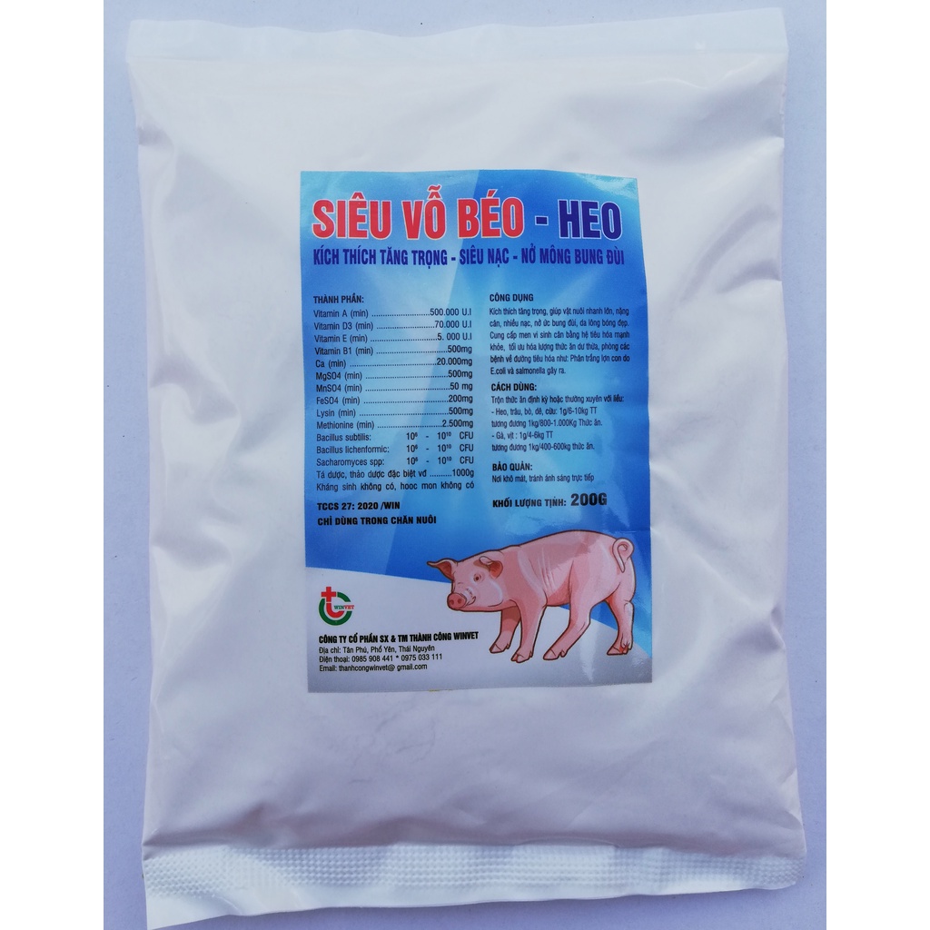 SIÊU VỖ BÉO HEO, LỢN, CHÓ, MÈO, KÍCH THÍCH TĂNG TRỌNG NHANH gói 1kg