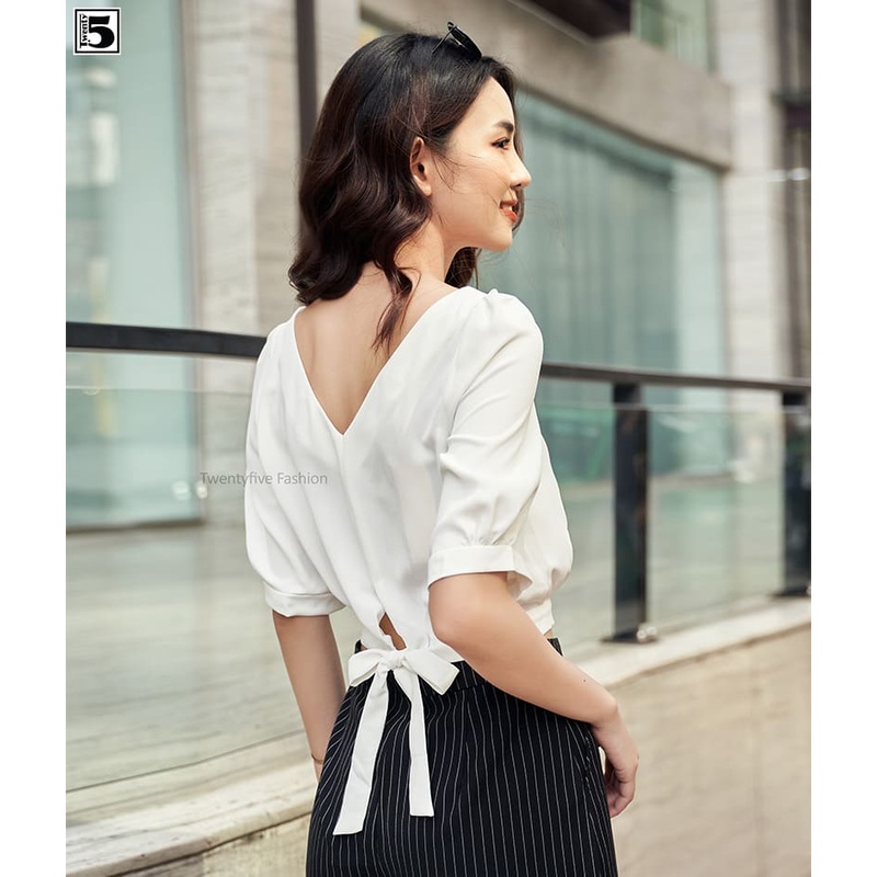 Áo sơ mi kiểu nữ cổ tim croptop dây thắt eo lưng Twentyfive N171