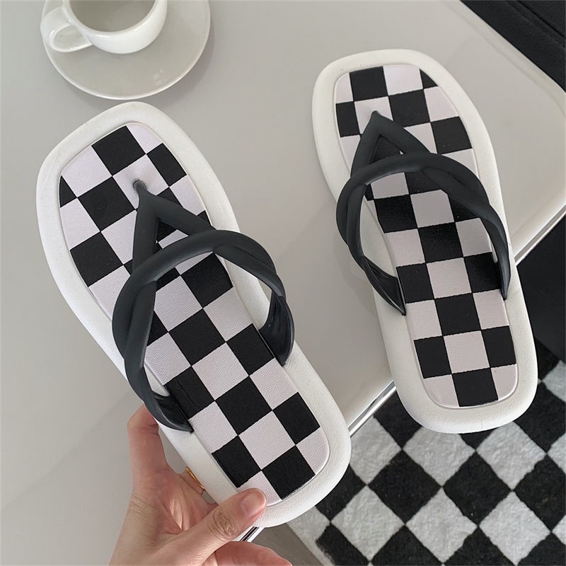 Oeggeo shop Dép Đế Lật Họa Tiết Lưới Chéo Bãi Biển Ngoài Trời Cho Nữ