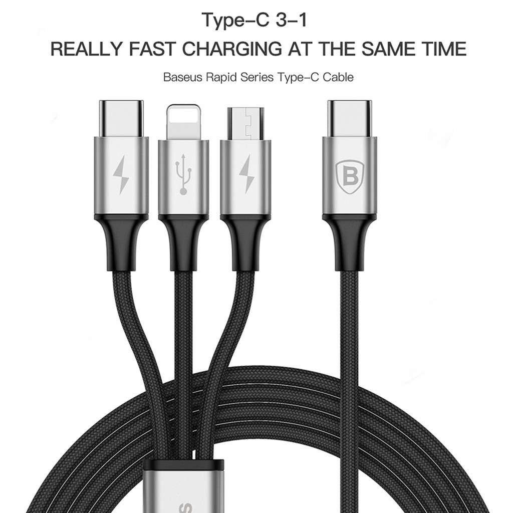 Dây cáp sạc nhanh chính hãng Baseus Rapid series 3 chuẩn 3.5A 3 in 1 Type-C to Lightning / Type-C / Micro USB