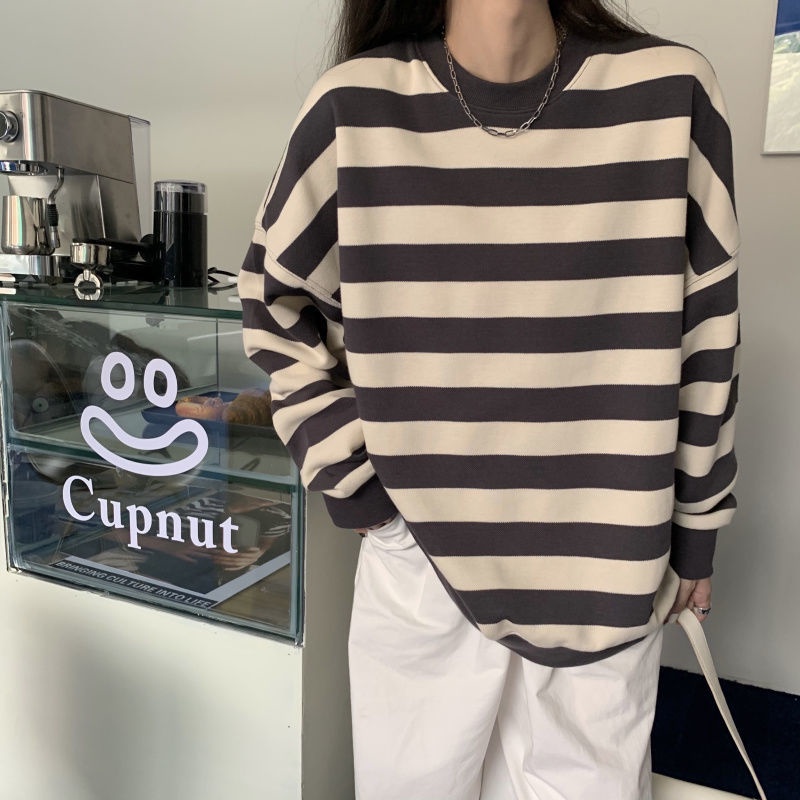 Áo nỉ tay dài dáng rộng kẻ sọc trắng đen thời trang mùa thu Hàn Quốc 2021