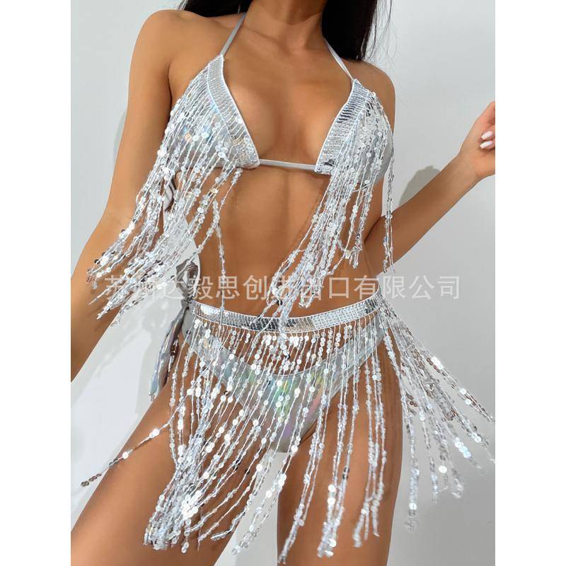 Bộ Đồ Bơi bikini Hai Mảnh Vải Nhấp Nháy Phối Tua Rua Phong Cách Âu Mỹ Hàng Mới 2023 Dành Cho Bạn Nữ