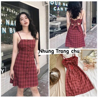 Đầm 2 dây caro đỏ nơ lưng - váy hở lưng