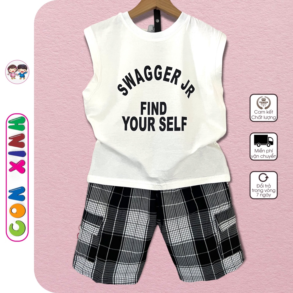 Đồ bộ bé trai CON XINH cotton sát nách phối quần caro SWAGGER, thời trang trẻ em từ 4 đến 10 tuổi