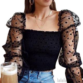 Áo croptop cổ vuông tay phồng chấm bi kiểu ren xuyên thấu thời trang quyến rũ cho nữ