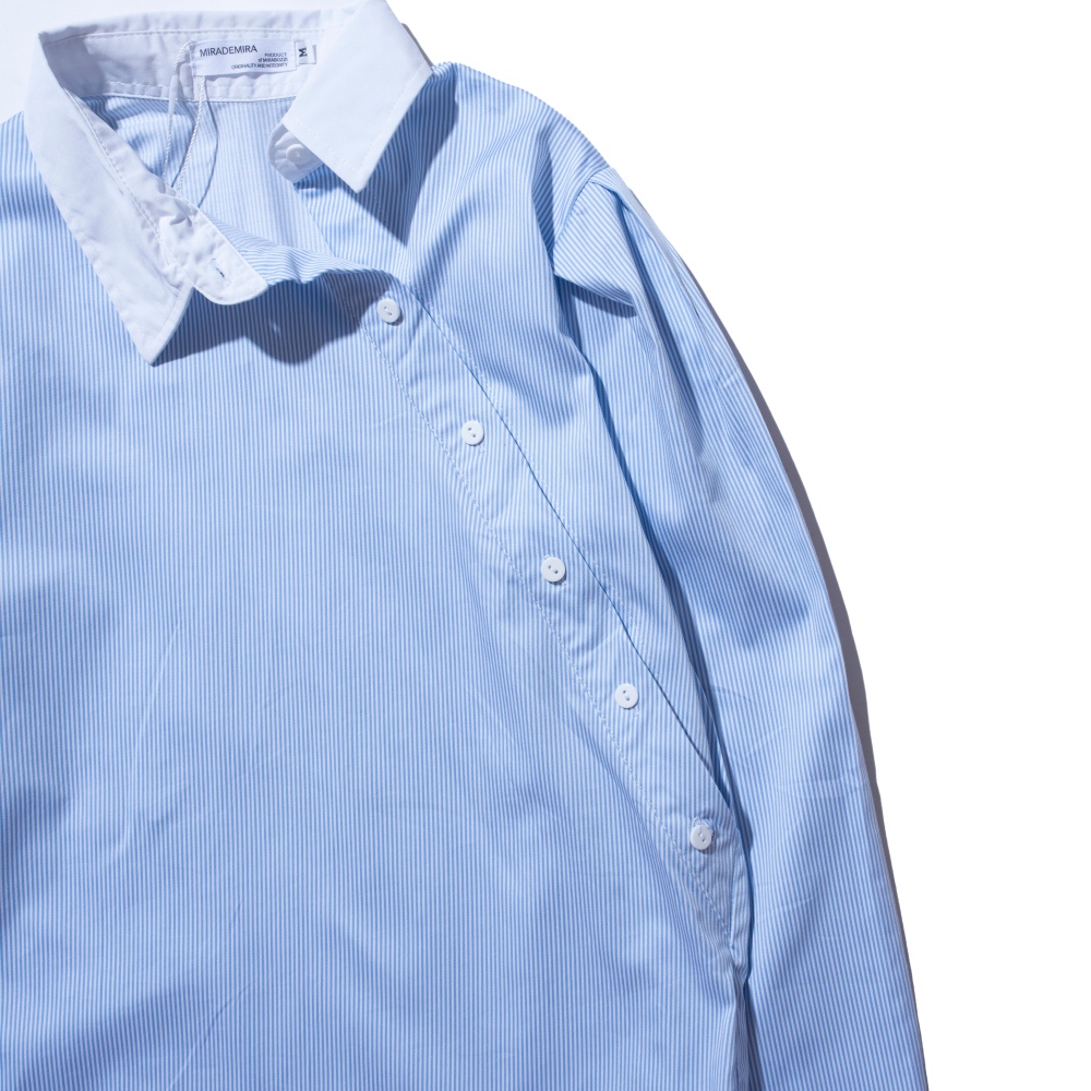 Áo Sơ Mi Nữ Dài Tay Sọc Phối Cổ Xéo Màu Xanh MIRABOZZI Chất Vải COTTON Thoáng Mát, Đường May Tỉ Mỉ MSHF016