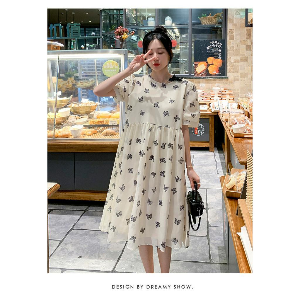 Váy bầu thiết kế , đầm bầu babydoll công sở chất voan tơ đuôi cá dáng dài họa tiết nơ siêu xinh