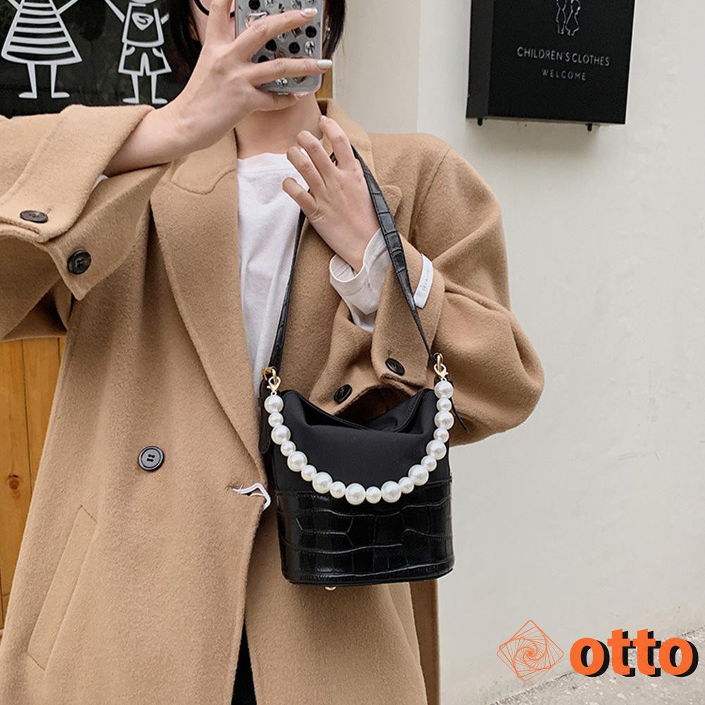 Women Solid Pearl Chain Shoulder Bag Street Commuter Totes Portable PU Leather Top-handle Handbag