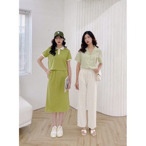 Set bộ chân váy + áo croptop cổ phối màu 72b07 by germe