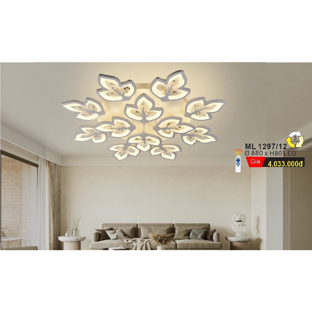 Đèn trần, đèn ốp trần 15 cánh lá trang trí phòng khách, phòng ngủ 3 chế độ