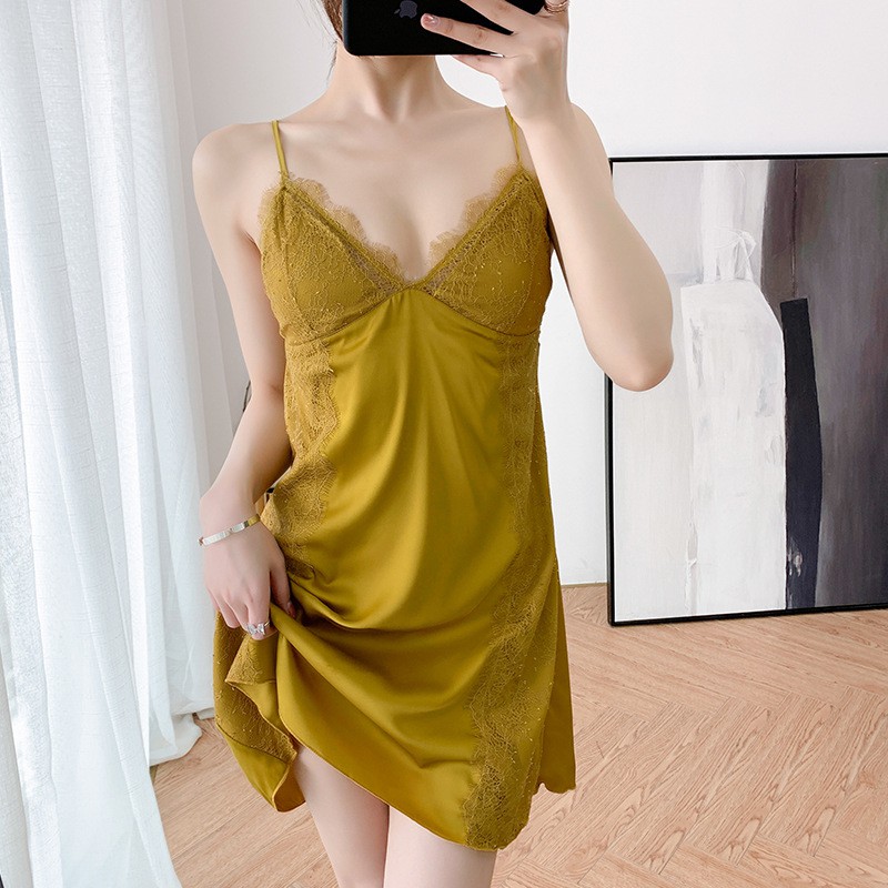 Đầm ngủ hai dây cổ chữ V phối ren mẫu 2020 thời trang mùa hè quyến rũ dành cho nữ