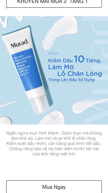 🔹 Kem chống nắng kiềm dầu thế hệ mới Murad OIL AND PORE CONTROL MATTIFIER BROAD SPECTRUM SPF 45 PA++++ | BigBuy360 - bigbuy360.vn