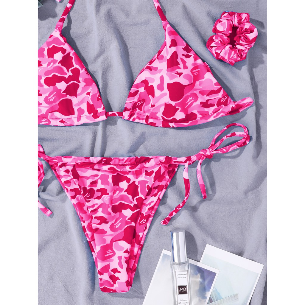[BKN1392] &lt;ÂU&gt; SET BIKINI 3 MÓN HỒNG ĐỐM KÈM SCRUNCHIE