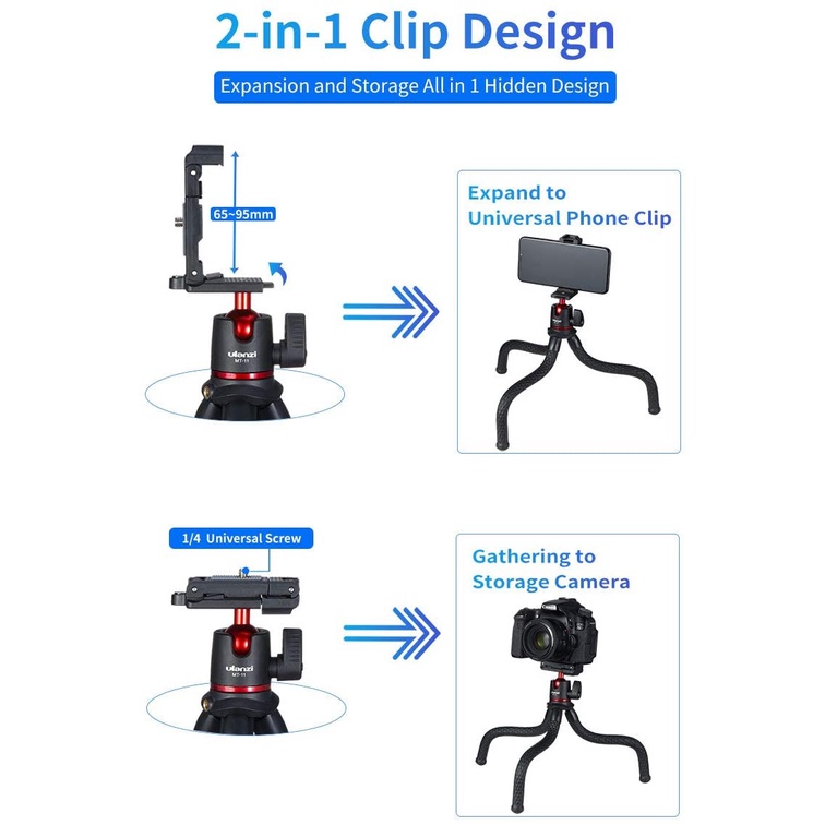 ULANZI MT-11 - HÀNG CHÍNH HÃNG - Chân Tripod bạch tuộc dành cho Máy ảnh và Điện thoại (Tích hợp ngàm kẹp cho điện thoại)