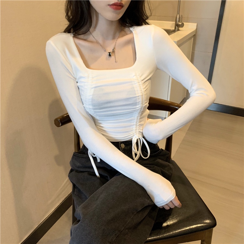 SUXI Áo Kiểu Tay Dài Cổ Vuông Màu Sắc Đơn Giản Cho Nữ
