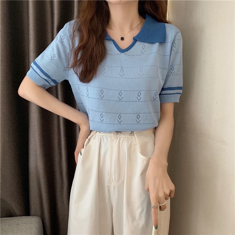 Áo Dệt Kim Tay Ngắn Dáng Rộng Vải Lụa Lạnh Đục Lỗ Thời Trang Cho Nữ